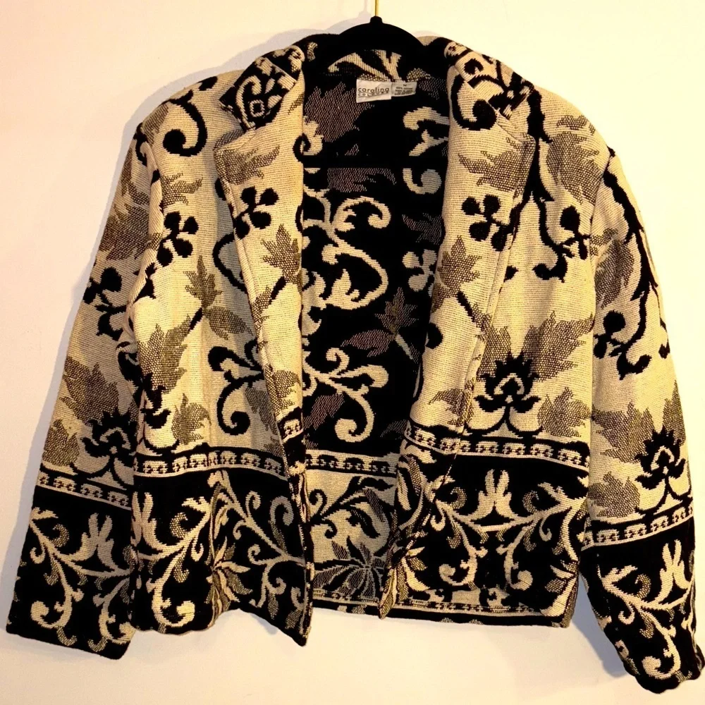 Women's Black and Cream Cotton Tapestry Vintage 90s Y2K Jacket Medium 8/10 - Picture 1 of 14